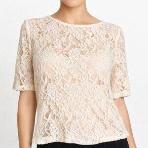 New Directions Lace Top L Ivory Sheer Floral Boho Stretch Blouse Coquette Dressy